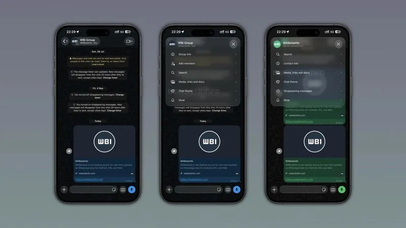 WhatsApp iOS: Liquid Glass Chat Navigation With Quick-Action Menu